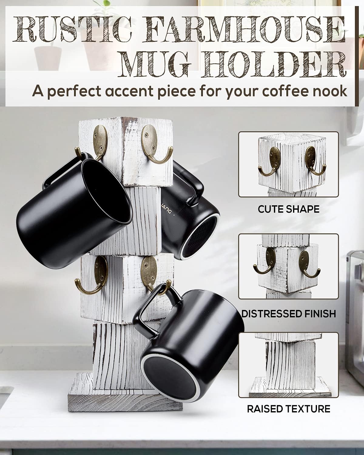 Coffee Mug Holder for Counter, Rustic Solid Wood Mug Tree | Farmhouse Wooden Coffee Cup Rack with 8 Hooks (Farmhouse