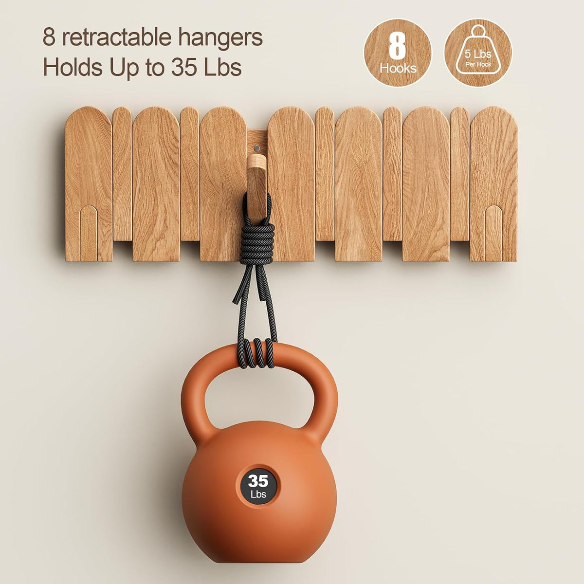 Solid Walnut Coat Rack Wall Mount, 16.5" Wood Wall Mounted Coat Rack with 8 Retractable Hangers,Heavy Duty Wooden Coat