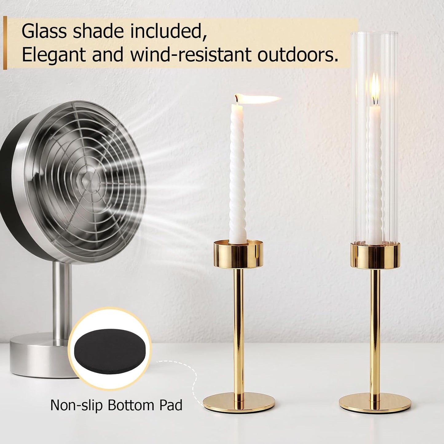 Gold Hurricane Taper Candle Holders,2 Sets(6 Pcs) Brass Tall Candlestick Holders with Ribbed Glass Cylinder, Table