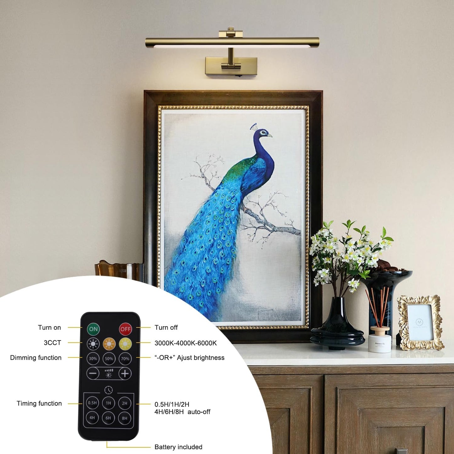 Wireless Picture Lights for Wall Battery Operated Brass Art Light for Paintings with Remote 3CCT Dimmable Potrait