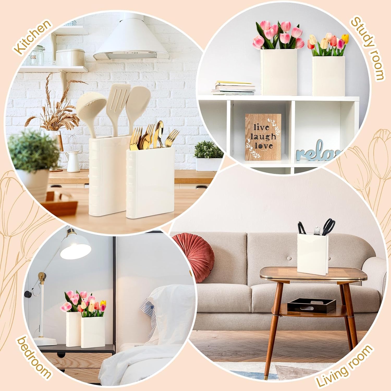Ceramic Book Shape Vase for Flowers Gifts for Christmas Bookshelf Decor Vase / White / Set of 2