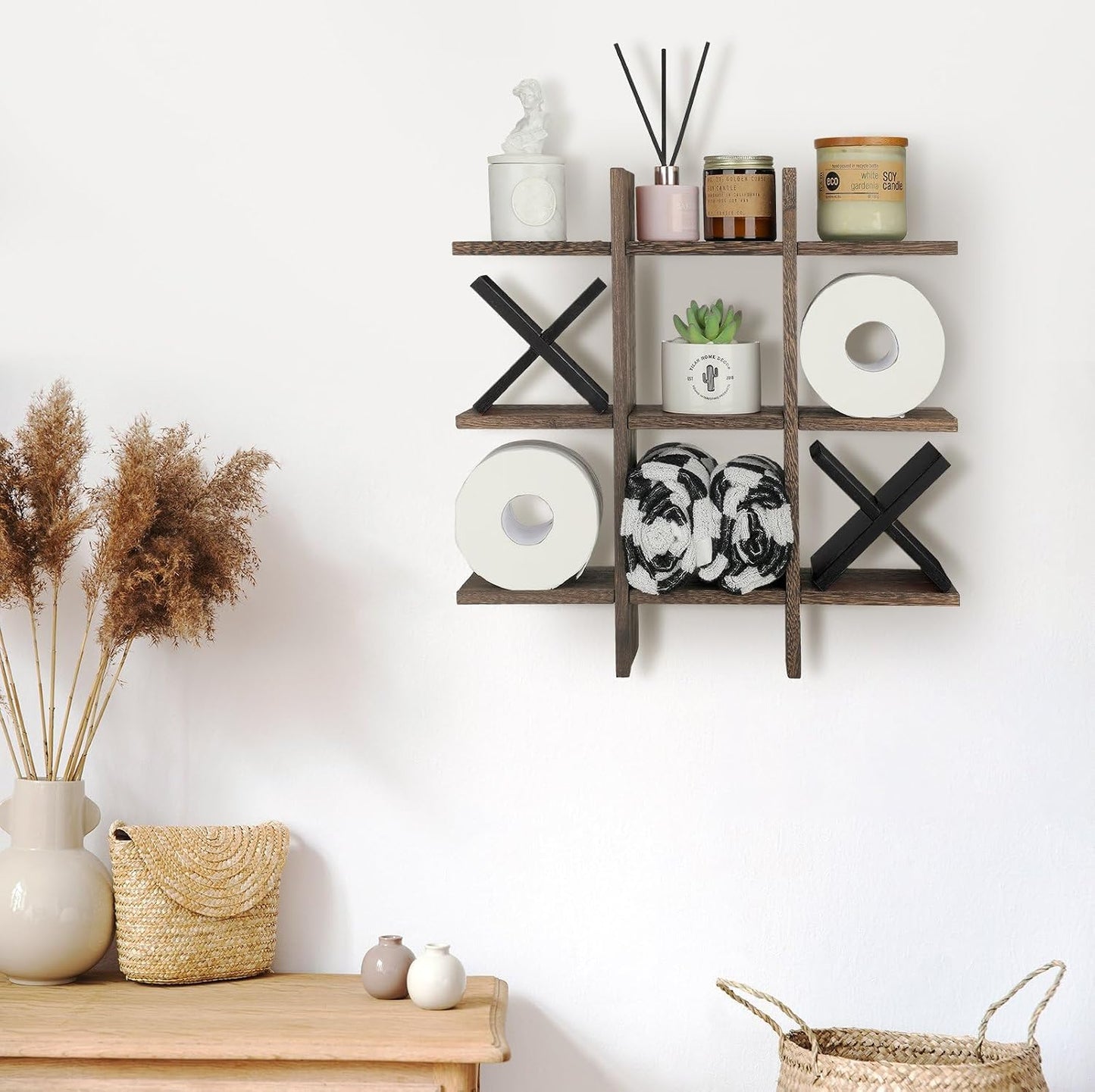 Weysat Tic Tac Toe Toilet Paper Holder,Brown, Black | Farmhouse Bathroom Decor, Freestanding or Wall Mount Storage for