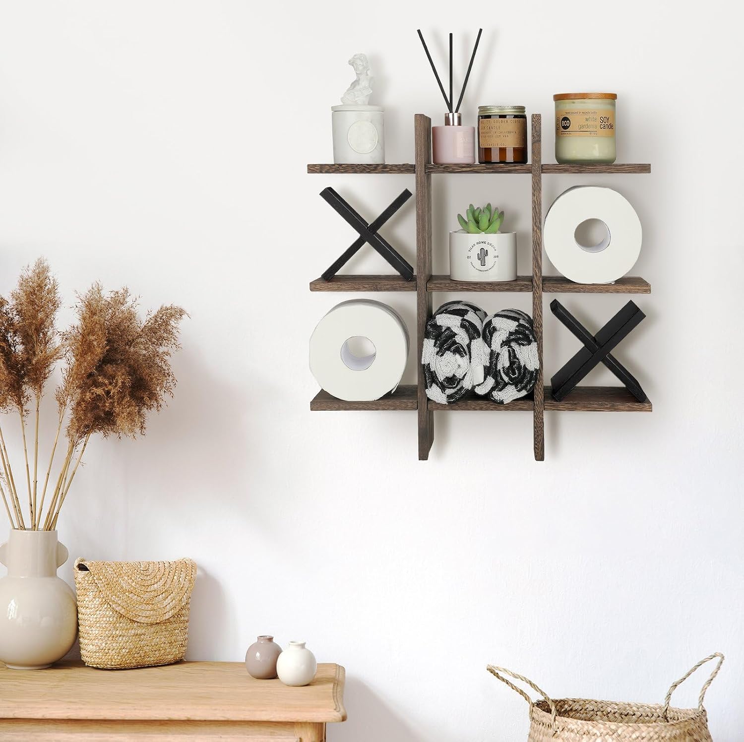 Weysat Tic Tac Toe Toilet Paper Holder,Brown, Black | Farmhouse Bathroom Decor, Freestanding or Wall Mount Storage for