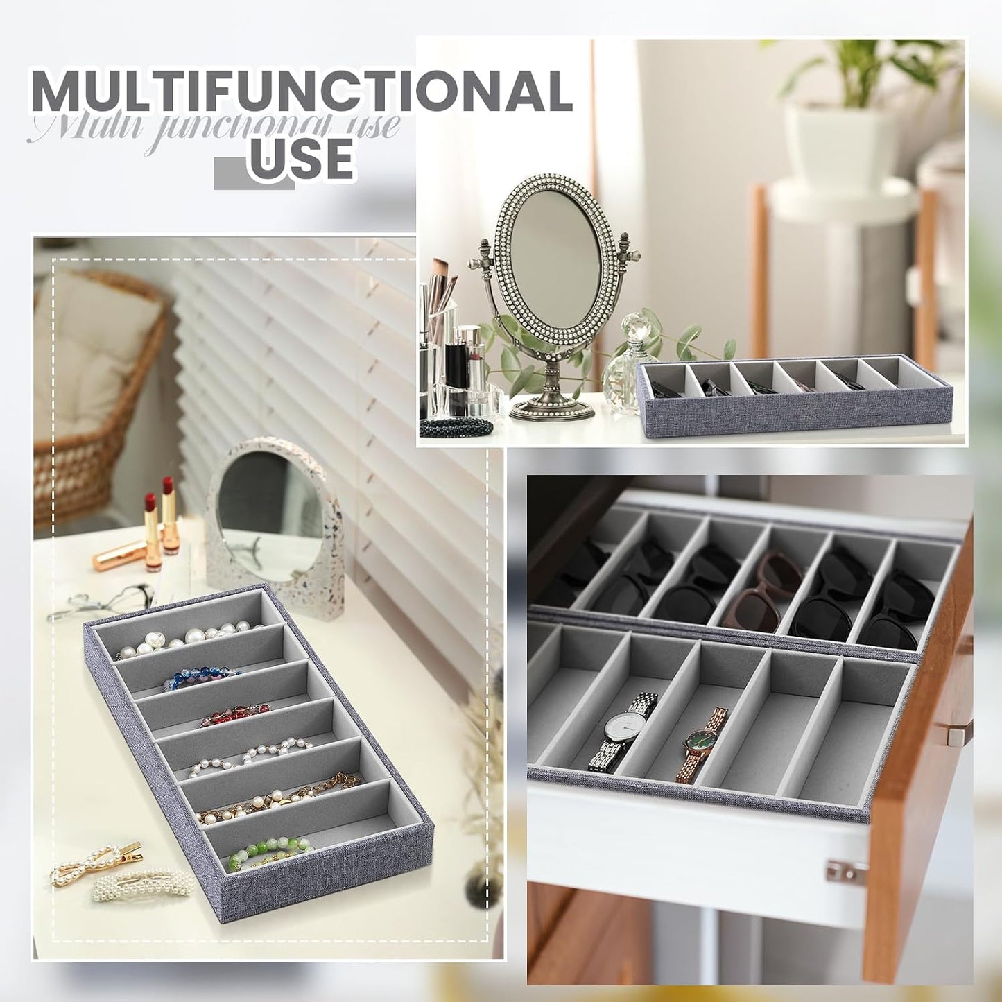 Velvet Sunglasses Organizer Tray 6 Grid Sunglass Organizer Velvet Tray Stackable / Gray / Set of 4