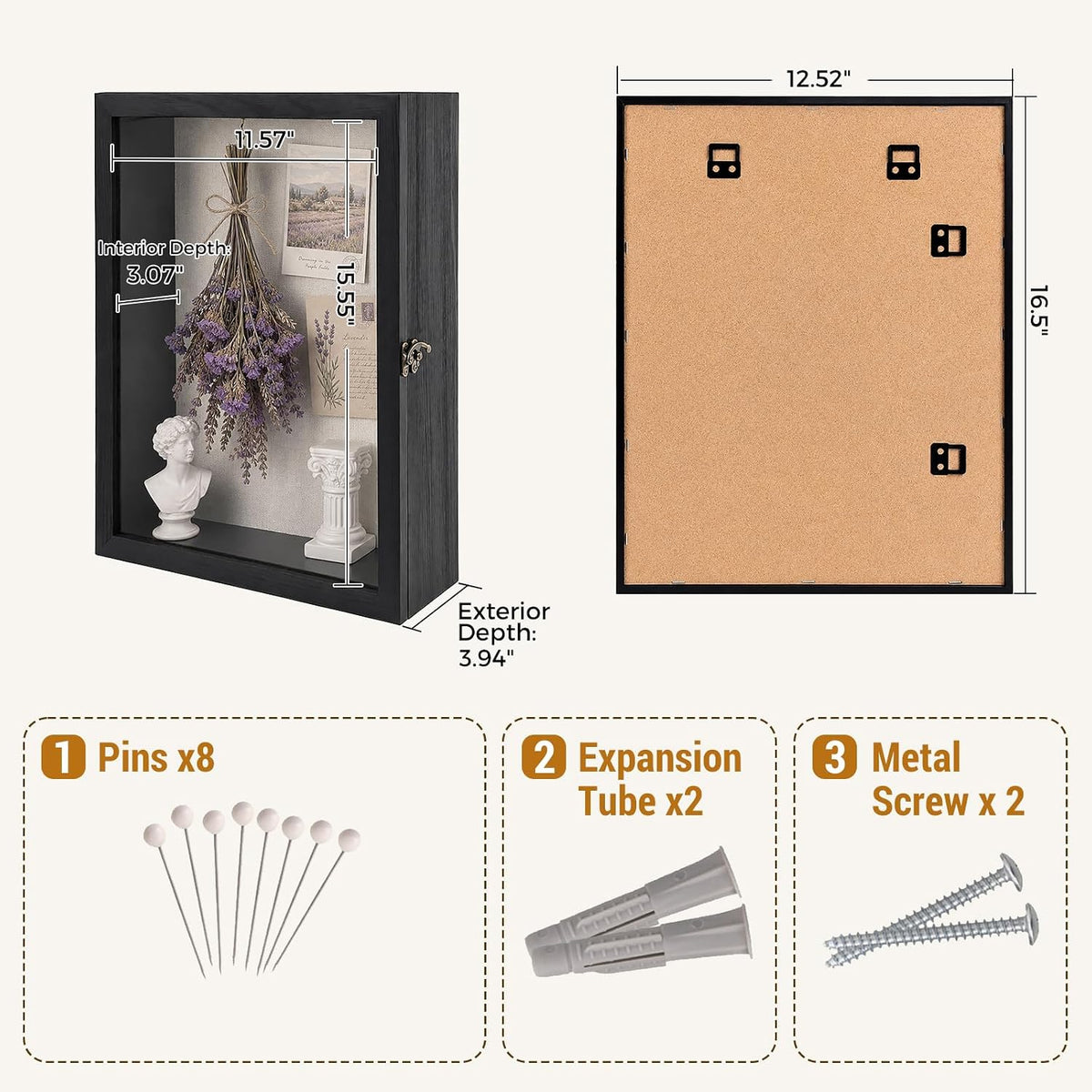 Muzilife 12x16 Rustic Shadow Box Pine Wood Picture Frame, 3.94 Deep, Black | FSC-Certified Solid Pine | Tempered Glass