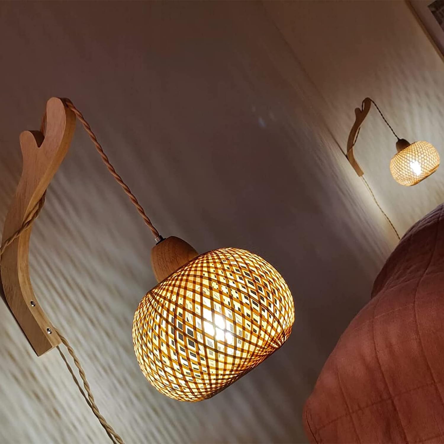 Plug in Cord Hand Woven Rattan Wall Light Farmhouse / Orange