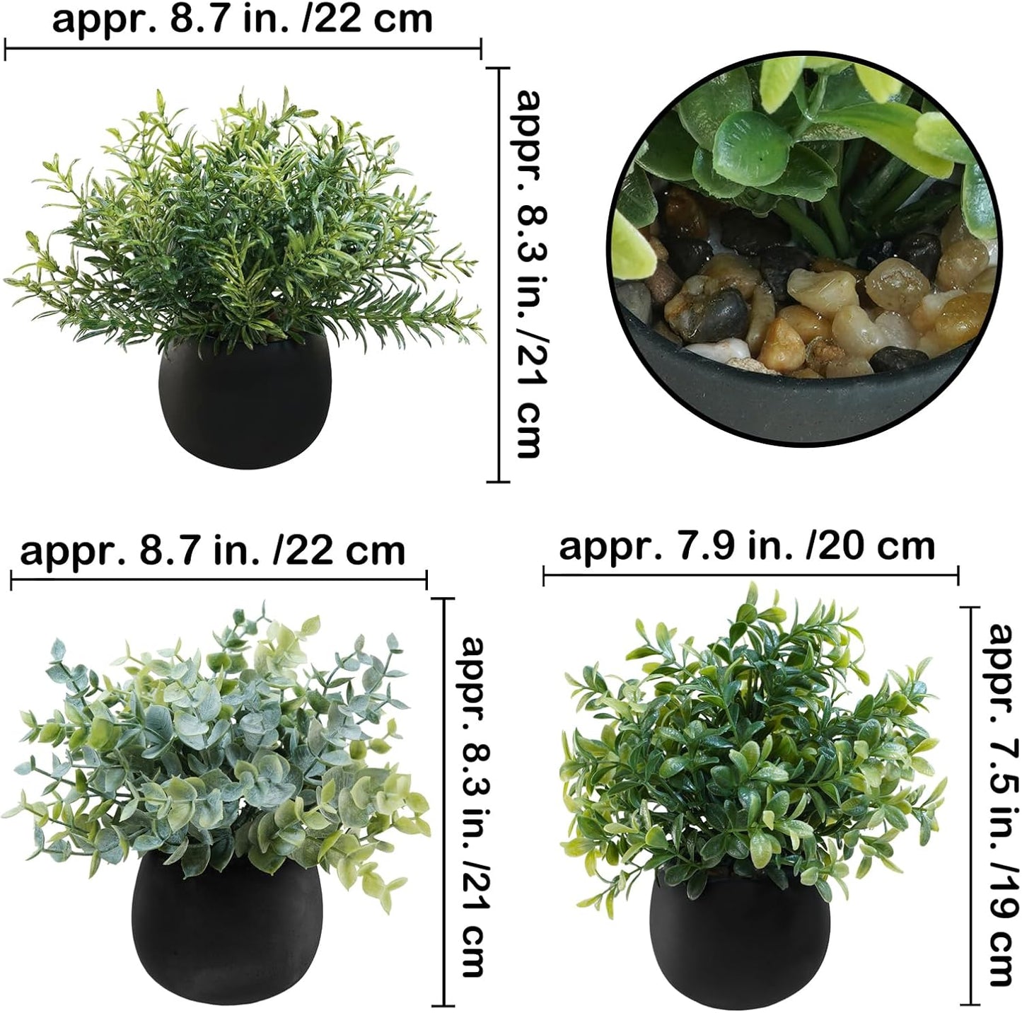 Small Potted Faux Plants 8" Artificial Eucalyptus Rosemary Boxwood Plants / Black Pots / Set of 3