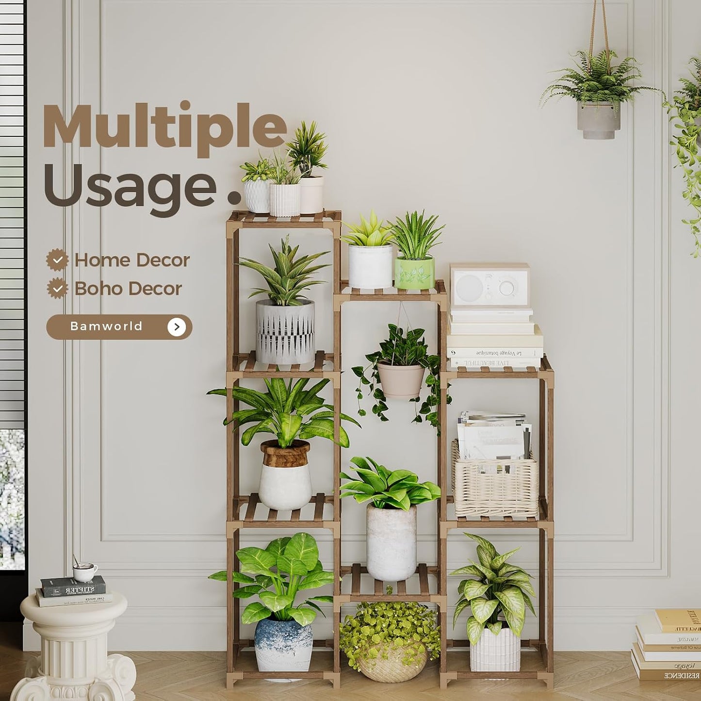 Bamworld Plant Stand Indoor Hanging Plants Shelf 7 Pots Tall Ladder Plant Holder Large Wood Flower Stand for Living