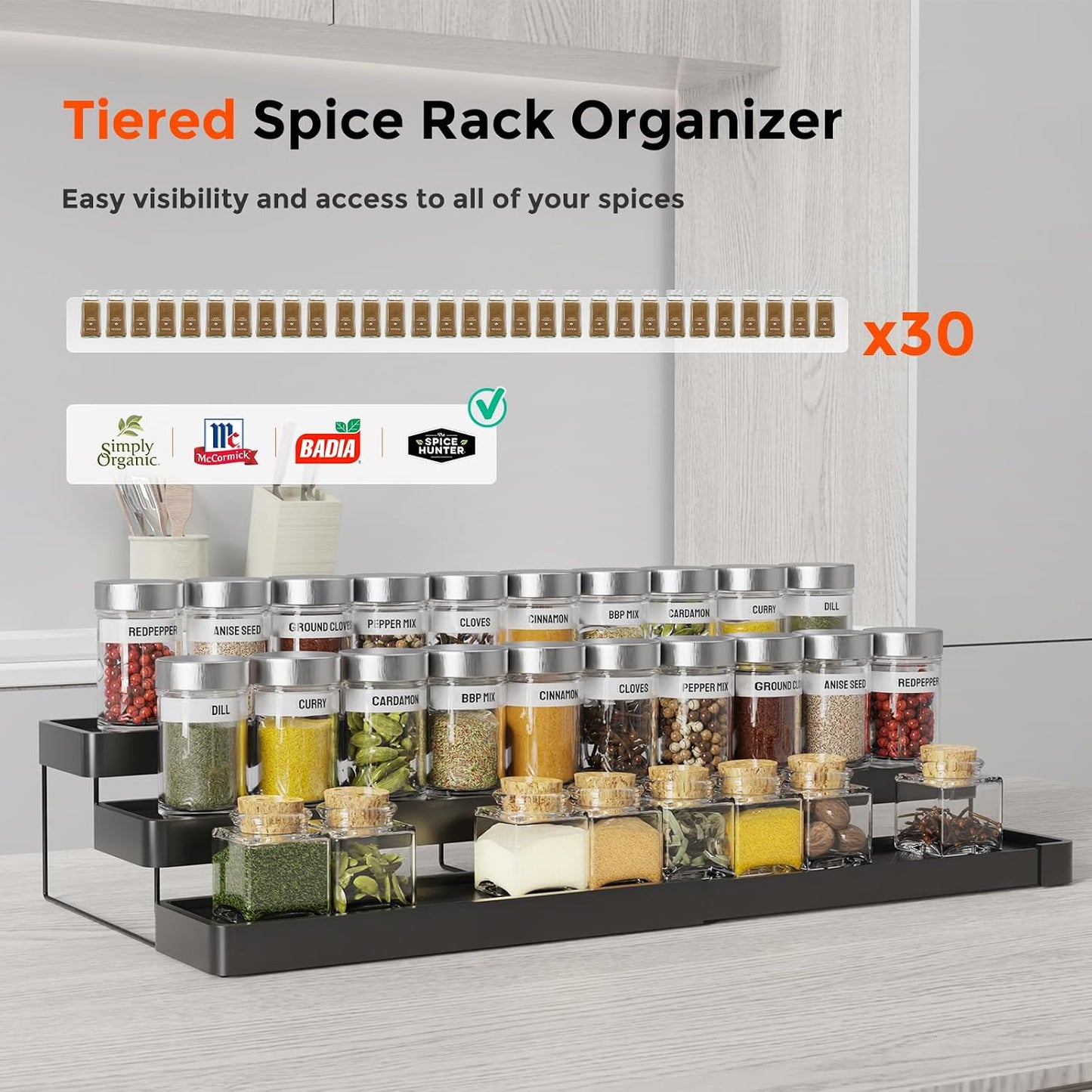 2 Pack Expandable Spice Rack Organizer for Cabinet - 3 Tier Adjustable Cabinet Spice Organizer Easy Visibility - Spice