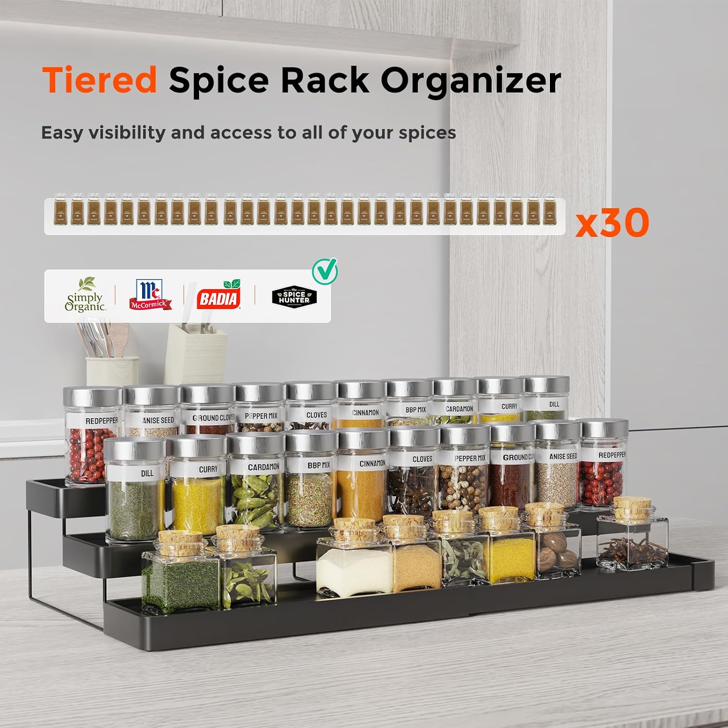 2 Pack Expandable Spice Rack Organizer for Cabinet - 3 Tier Adjustable Cabinet Spice Organizer Easy Visibility - Spice
