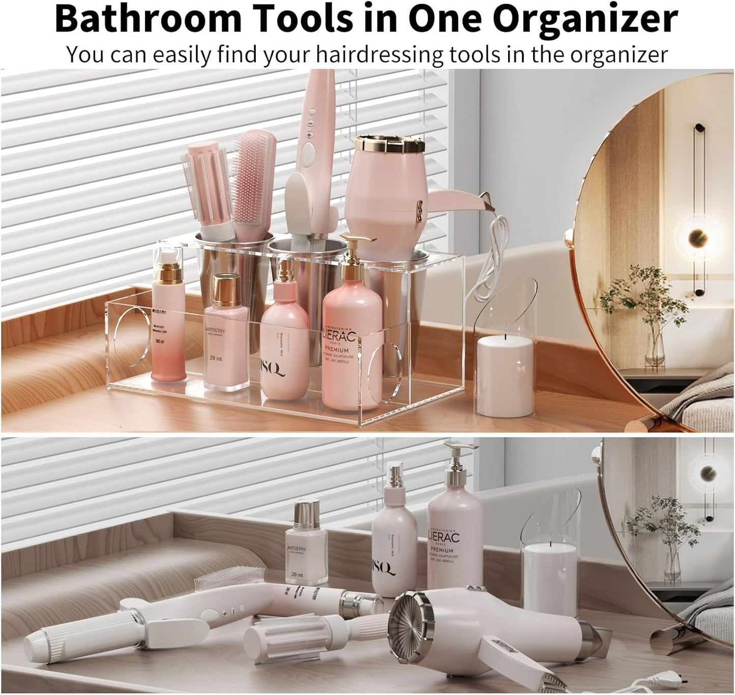 NIUBEE Acrylic Hair Tool Organizer,Hair Dryer Holder Countertop with 3 Cups | Clear, Hot Tools Organizer, Hair Blow