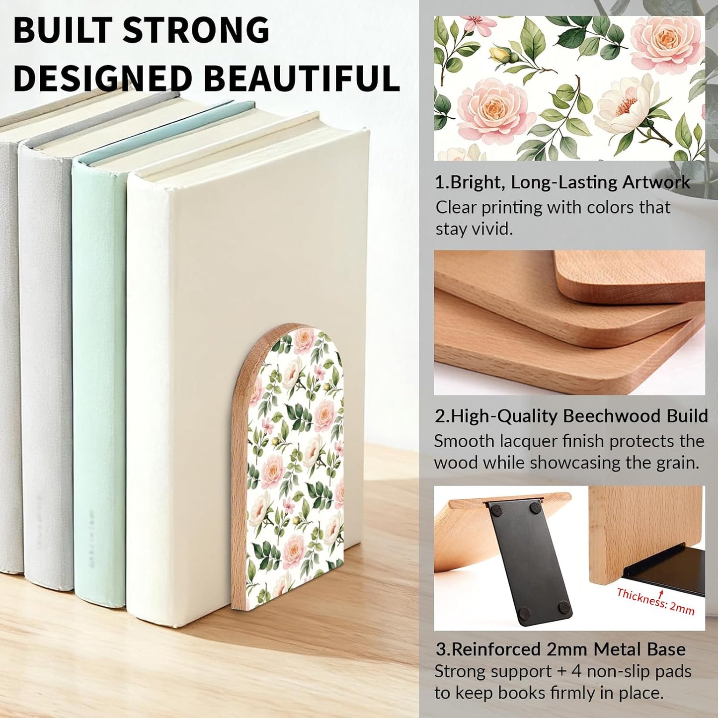 Wooden Board Bookends / Flowers and Roses