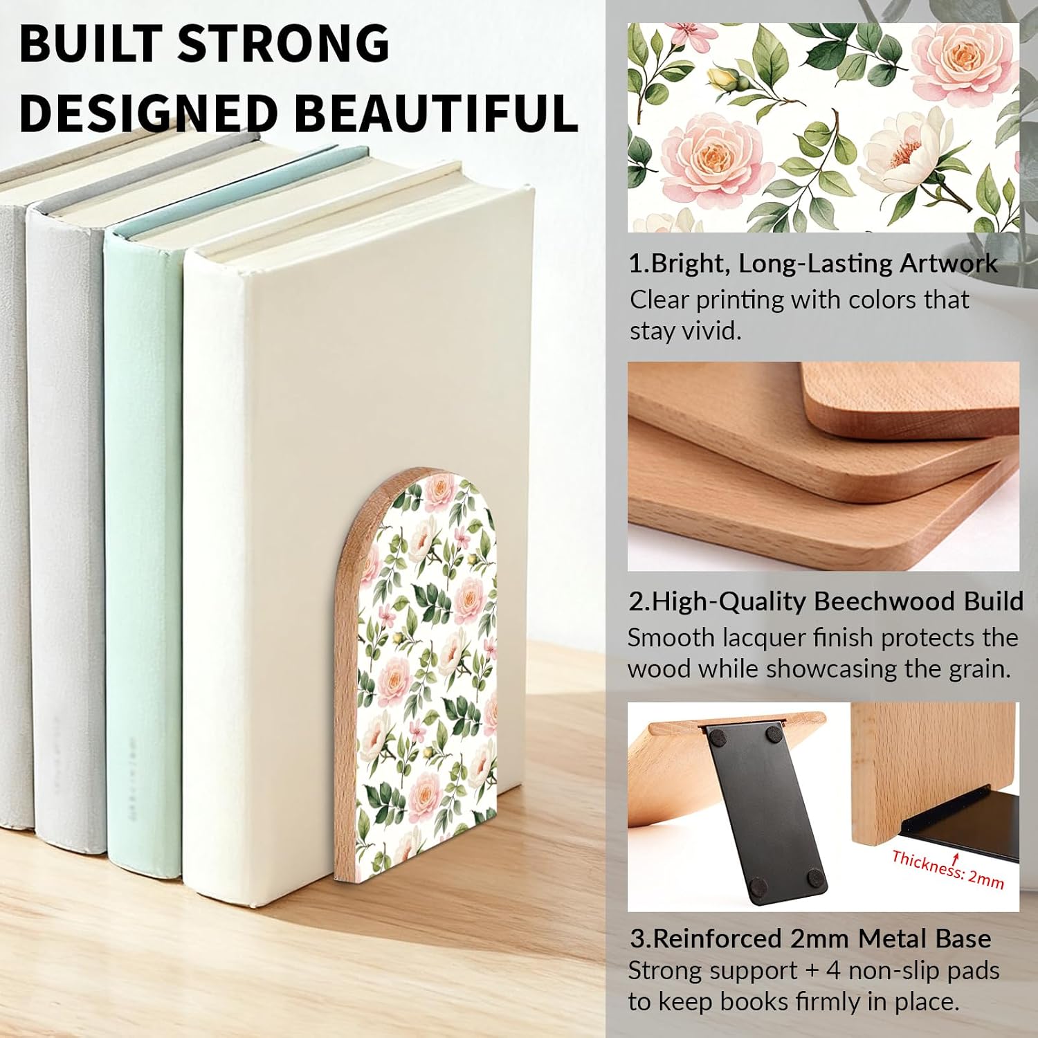 Wooden Board Bookends / Flowers and Roses
