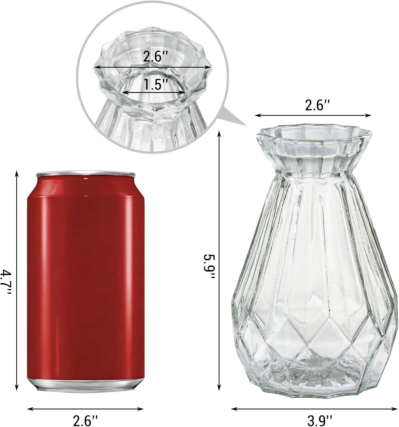 Mini Diamond-Faceted Glass Bud Vases / Clear / Set of 6
