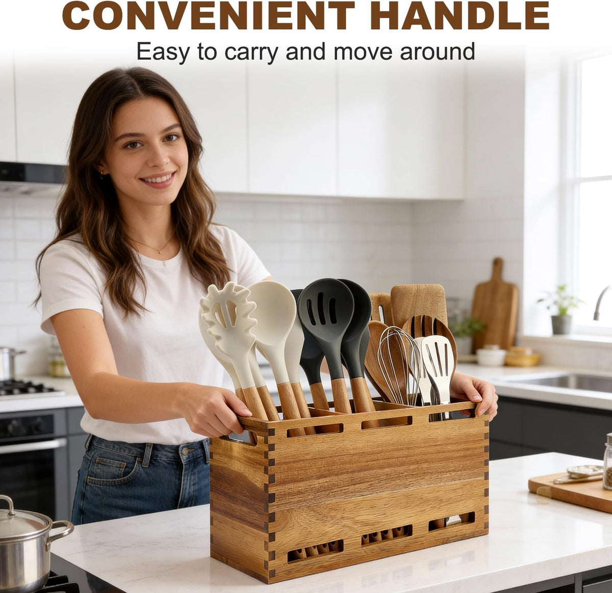 Acacia Wood Large Utensil Holder for Kitchen Counter Organizer Spoon Holder | Cooking Utensils Holder Countertop