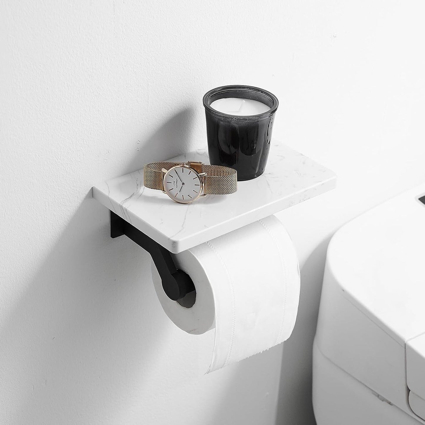 Hoimpro Toilet Paper Holder with Marble Shelf, Wall Mount Matte Black | White Natural Marble Phone Shelf Commercial