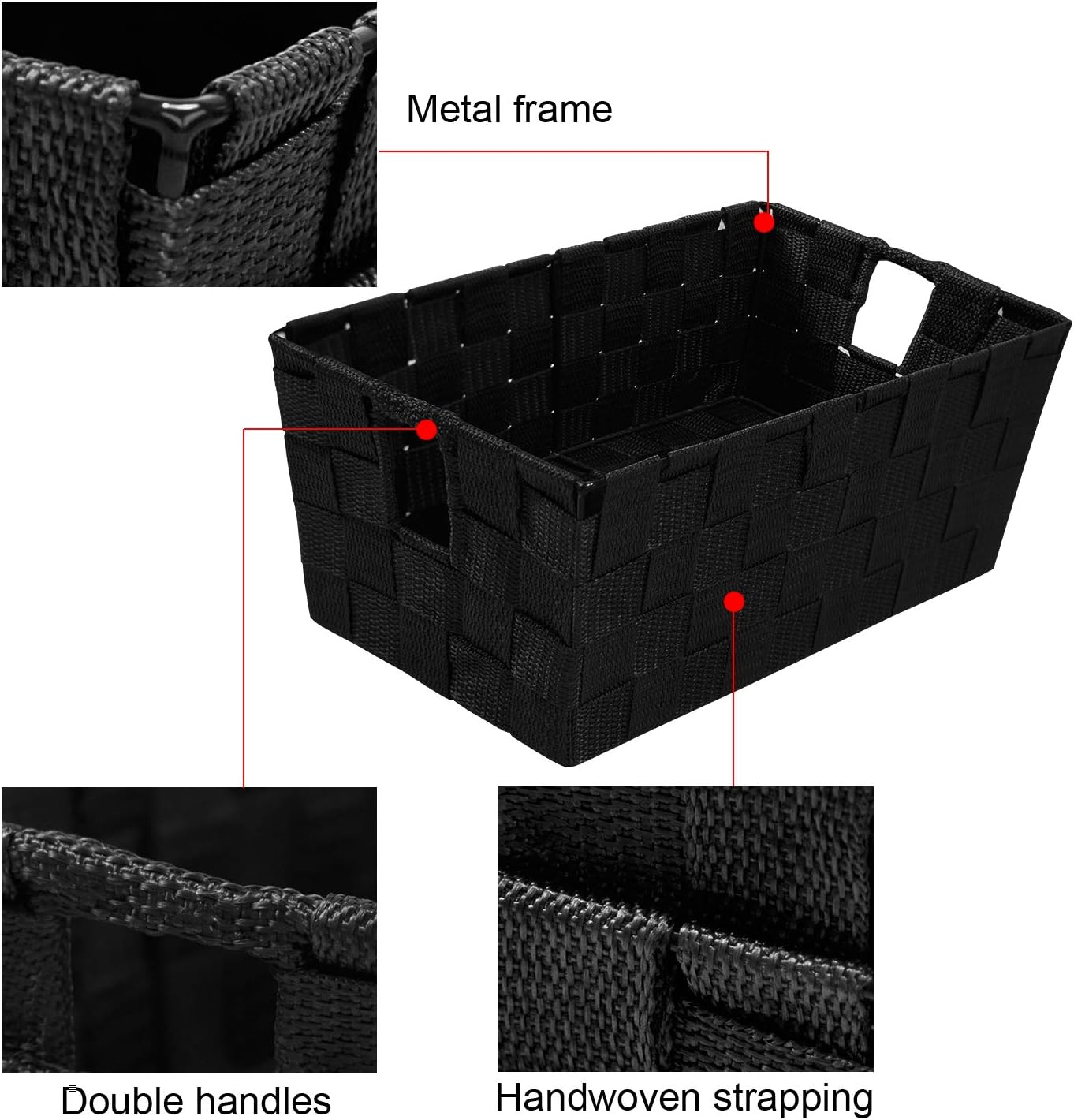 Woven Black Storage Baskets Shelf Tote Boxes Container / Woven Strap Black / Set of 3