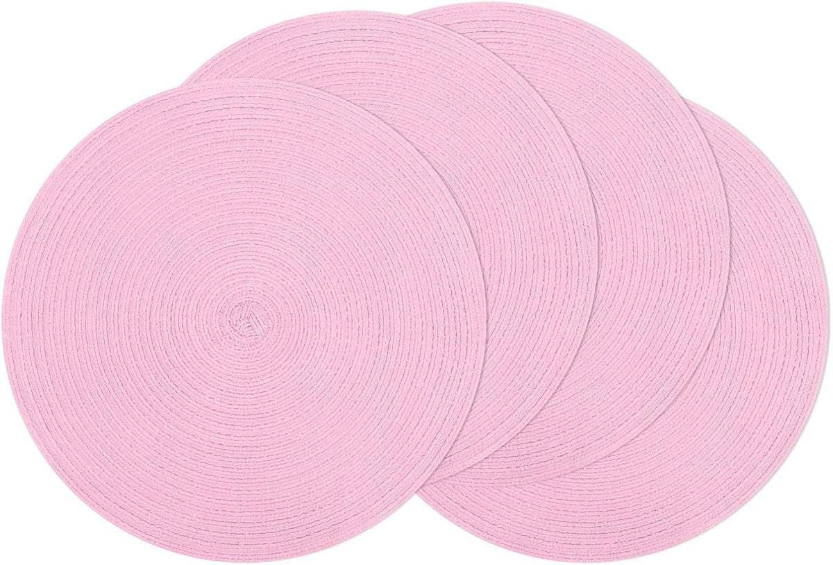 Floroom 15 Inch Round Braided Placemats Set of 4, Washable Heat Resistant Cotton Polyester Circle Place Mats for Kitchen Dining Table - Berry Pink