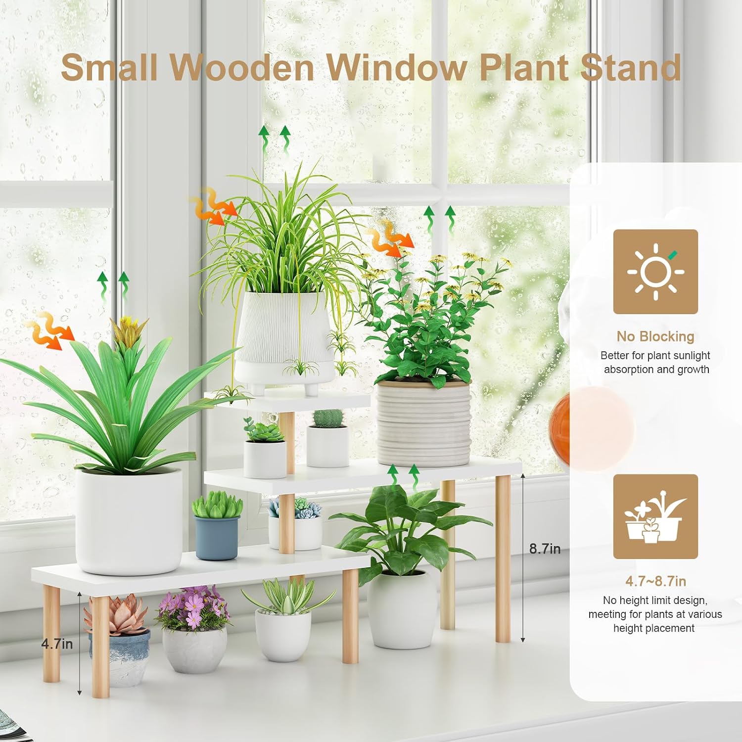 Small Plant Stand Shelf ,3 Tiers Wood Long Desktop Flower Pot Holder | Plant Shel for Window Sill,Table ,Countertop