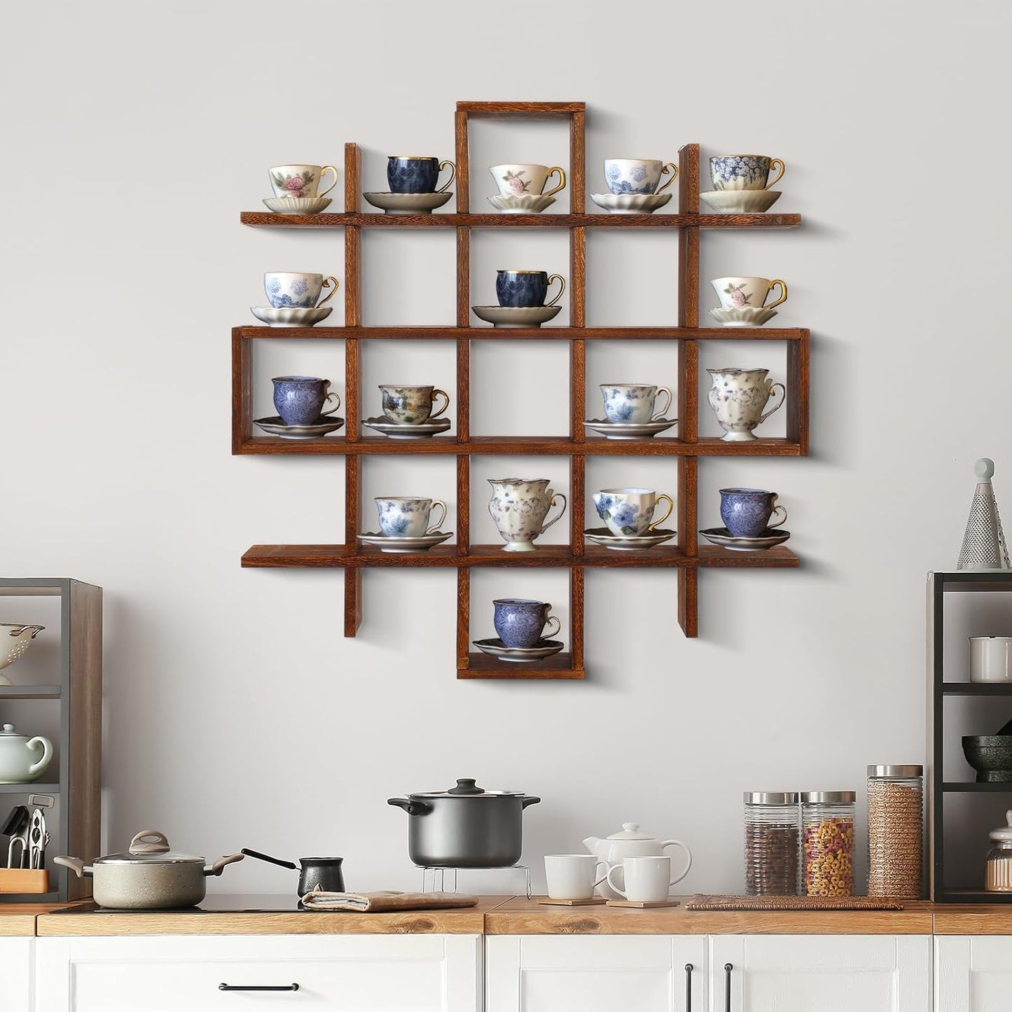 Suzile 5x5 Wall Shelf for Tea Cups Saucers, Rustic Wood Rack,Brown | Floating Curio Display with Coffee Mugs, Wall
