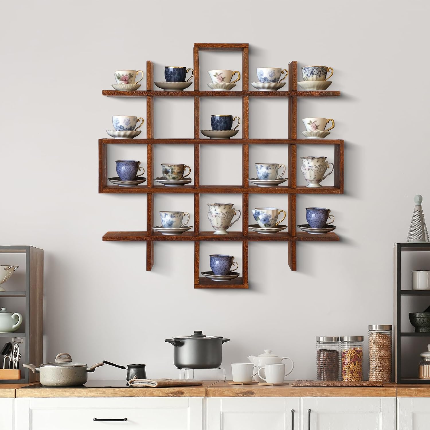 Suzile 5x5 Wall Shelf for Tea Cups Saucers, Rustic Wood Rack,Brown | Floating Curio Display with Coffee Mugs, Wall