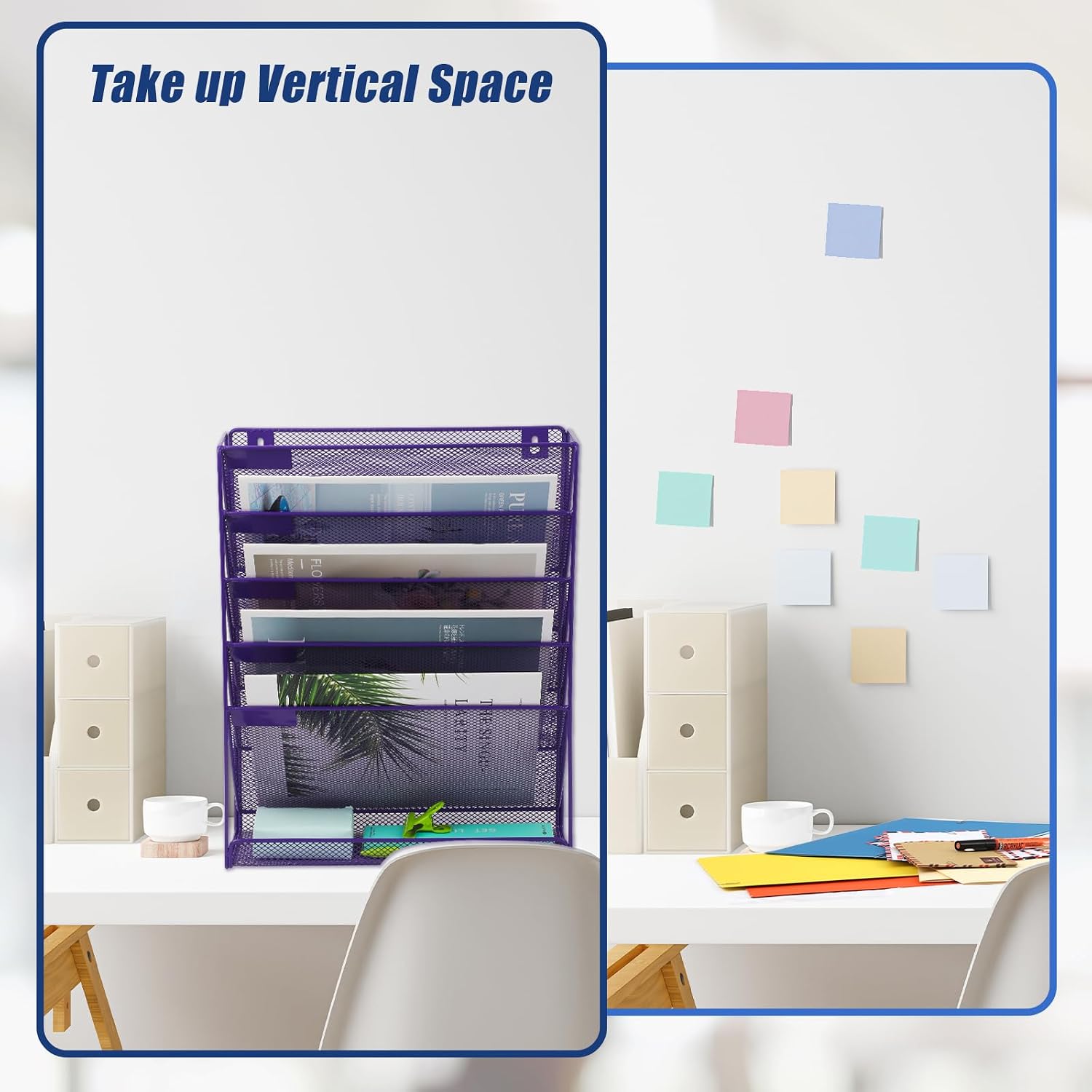 Desk File Organizer Mesh 6-Tier, Hanging Wall Mount Document Organization Stand, Desktop Vertical Mail Paper Folder