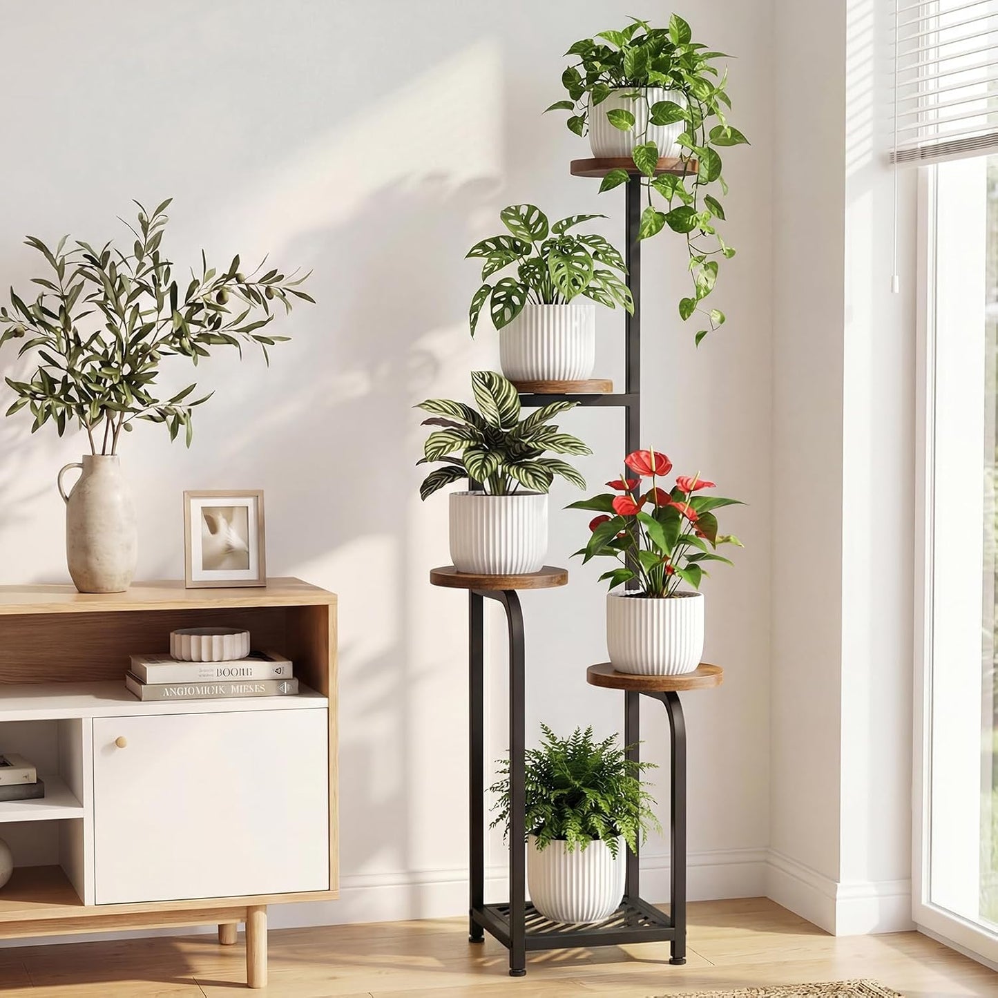 TOSKING Tall 5-Tier Corner Plant Stand Indoor, Anti-Tip,Brown & Black,47in | Plywood trays,wide base and heavy-duty
