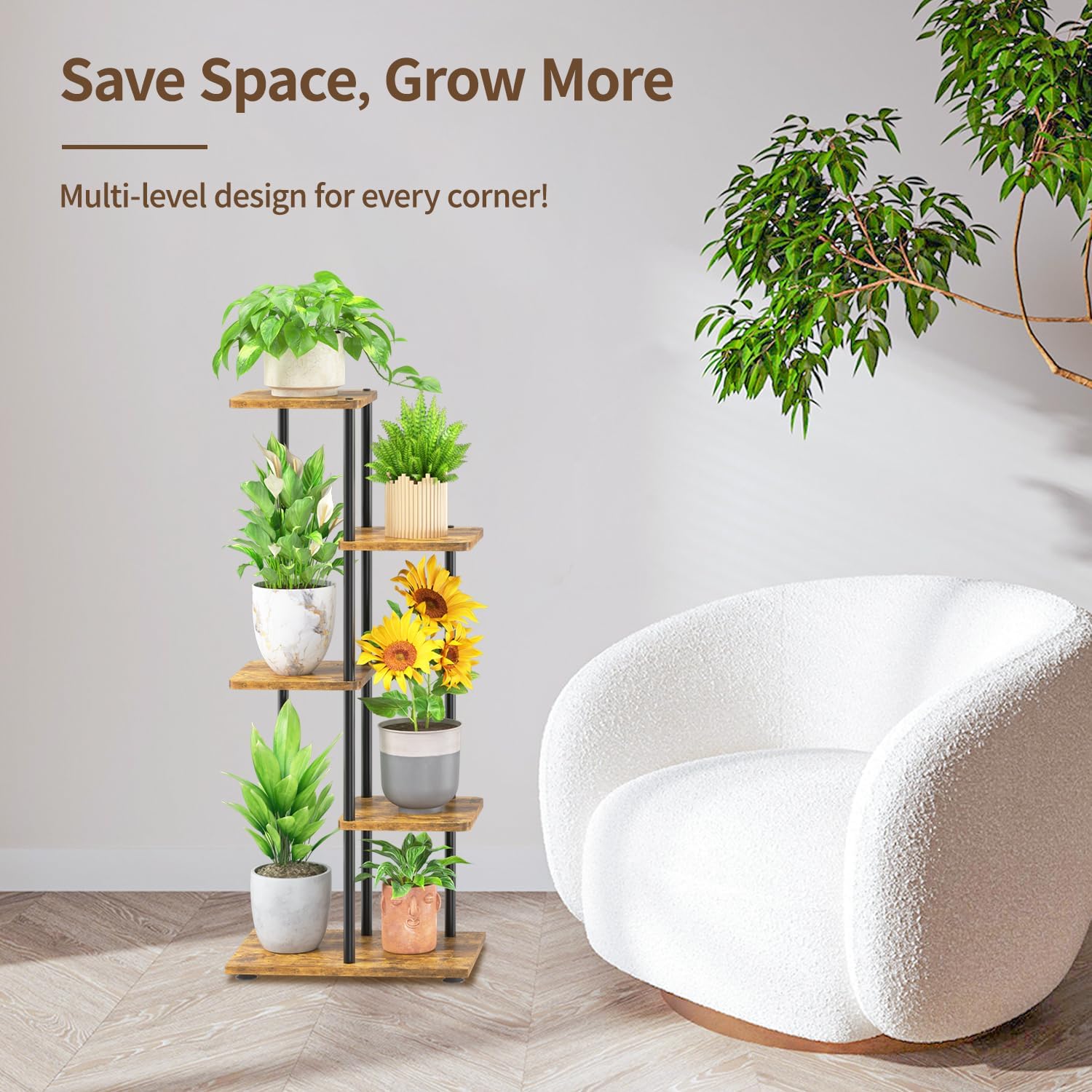 LASZOLA Plant Stand Shelf Tall for Indoor Corner, 4 Tier Wood Brown | Heavy Duty Multi Level Vertical Flower Rack for