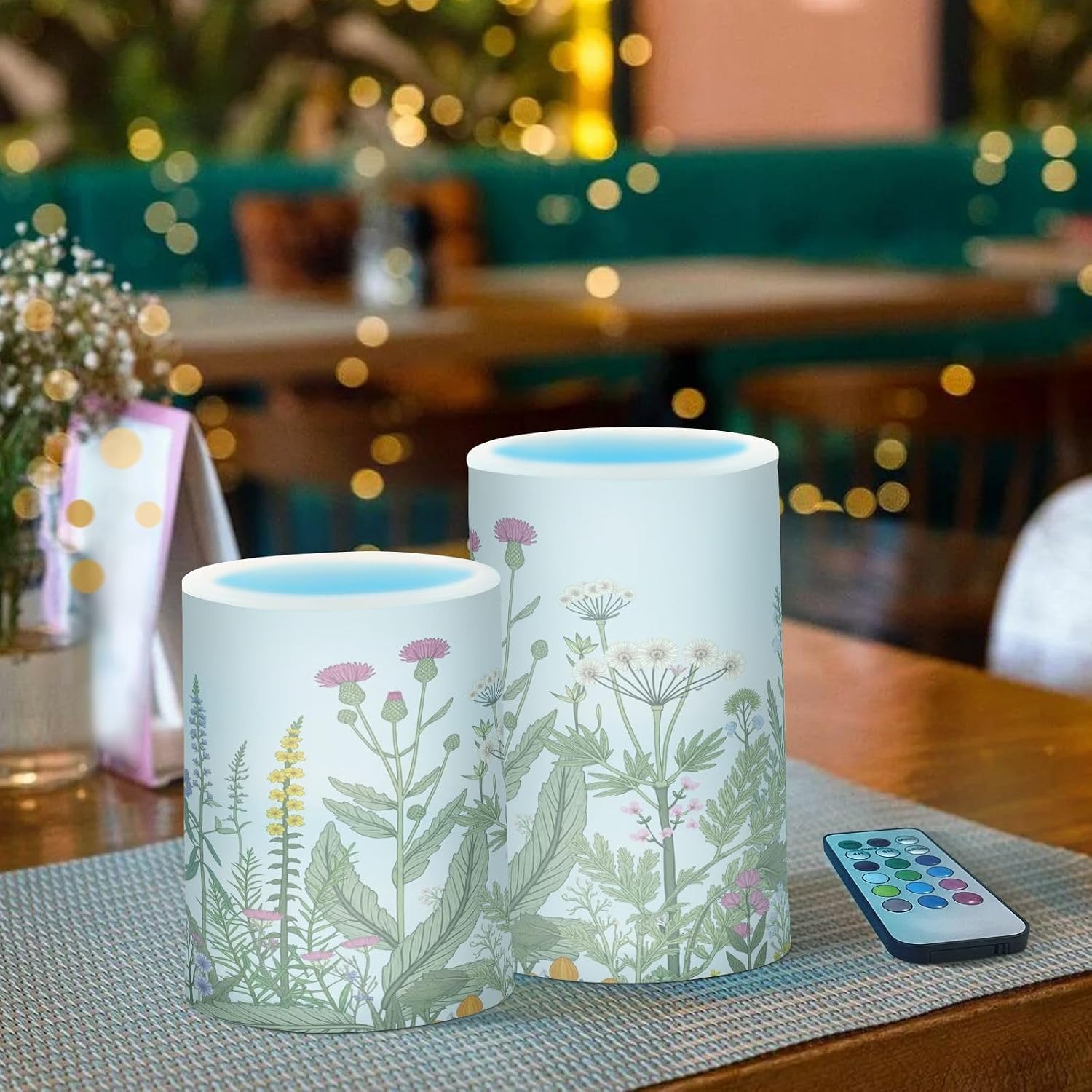 Flickering Flameless Candles, Flowers Herbs Wildflowers Botanical LED Candles with Remote Timer, Set of 2 Battery