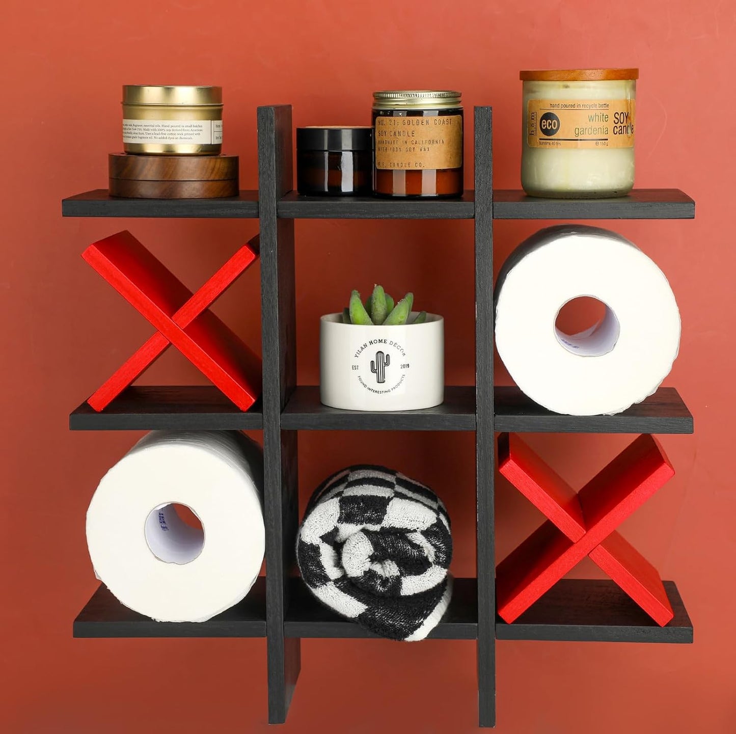 Weysat Tic Tac Toe Toilet Paper Holder,Black, Red | Farmhouse Bathroom Decor, Freestanding or Wall Mount Storage for
