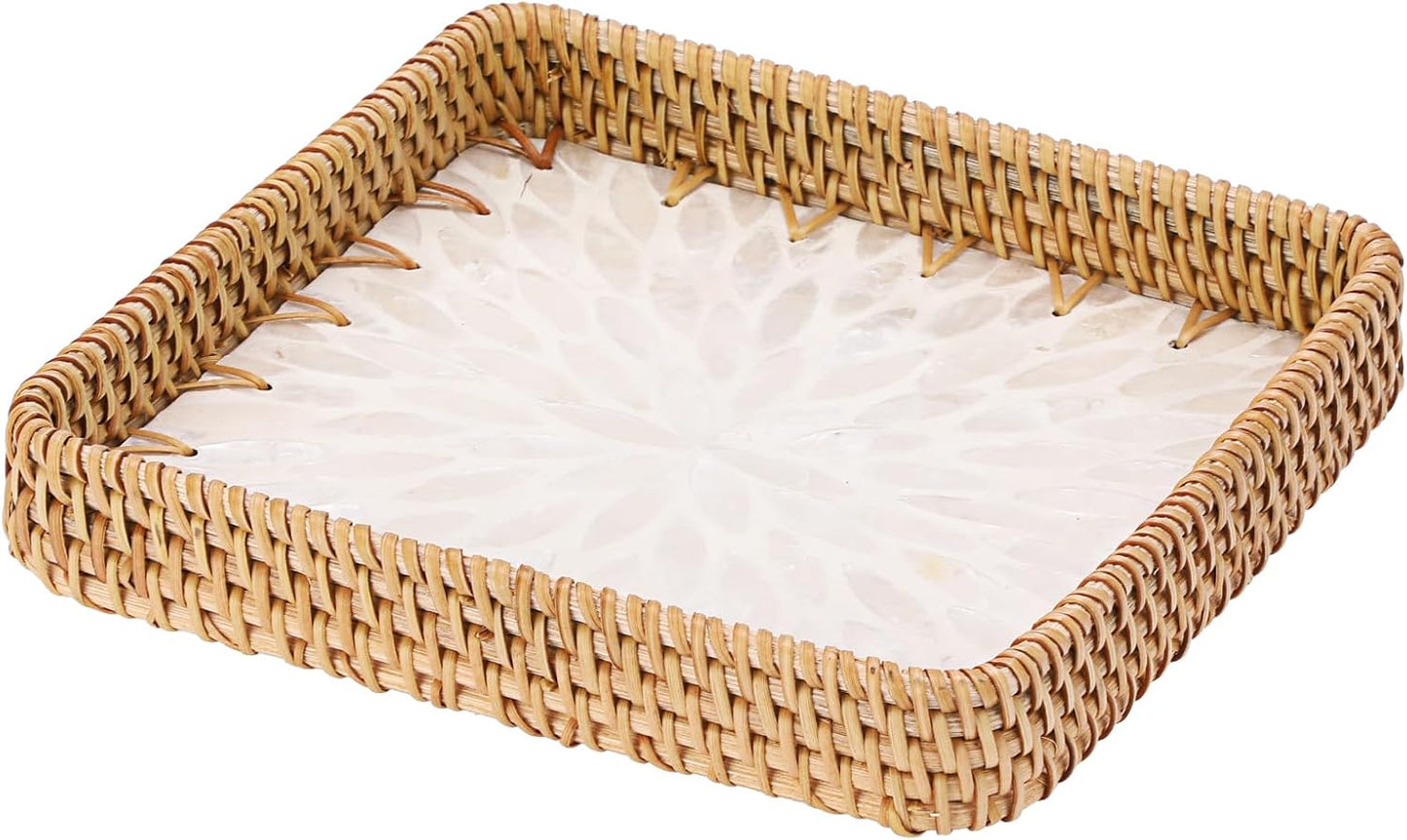 Handwoven Rattan Key Bowl Natural Wicker Serving Tray / 8.3 x 8.3 x 1.6 / White