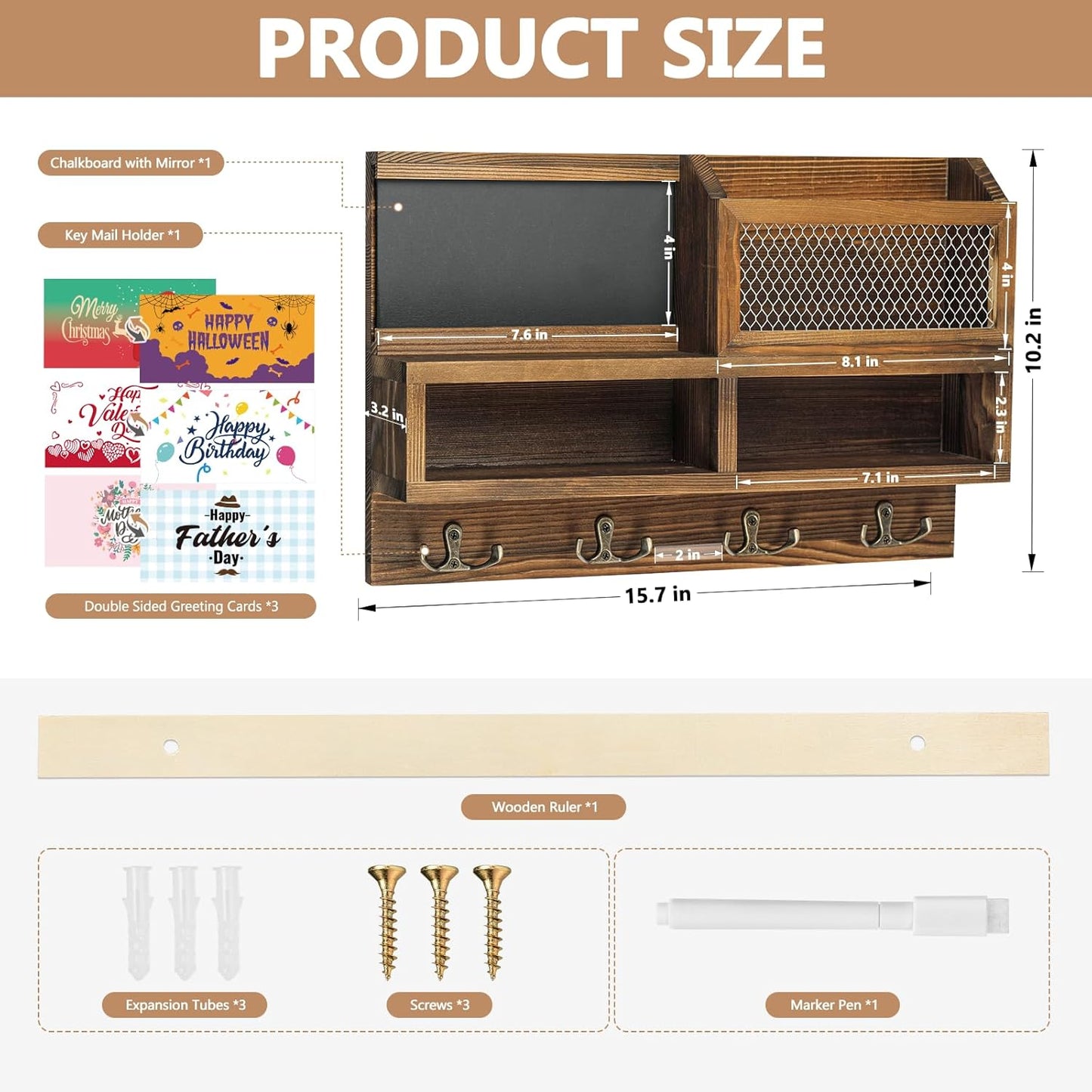 Wooden Mail and Key Organizer / Brown
