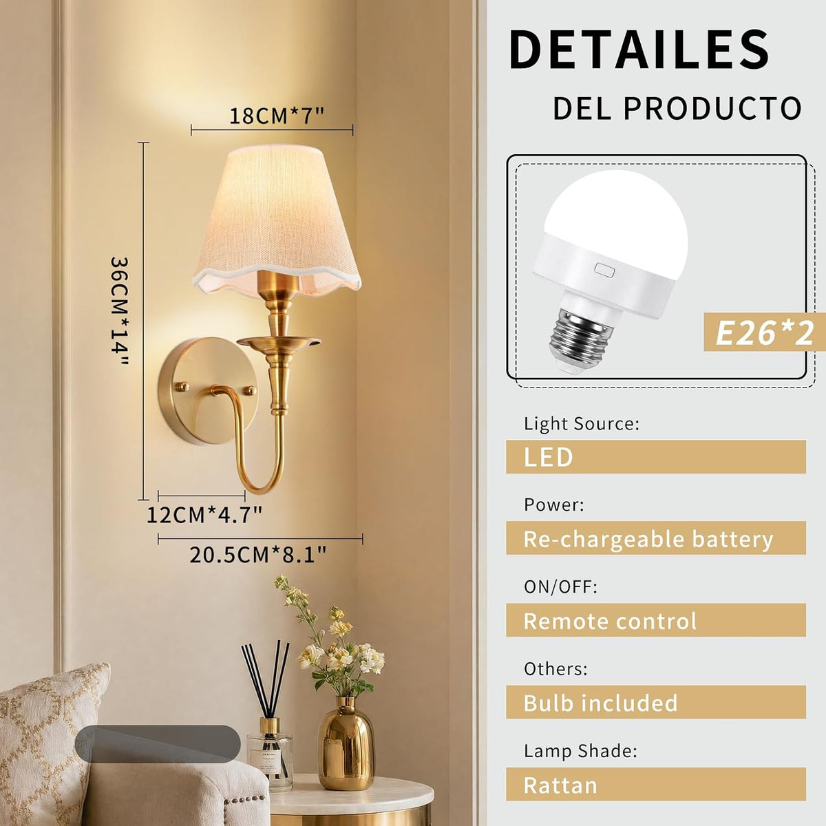 Battery Operated Wall Sconces Set of 2, Rattan Wall Sconce with RGB Rechargeable Dimmable Bulbs, Brass-Color Wireless