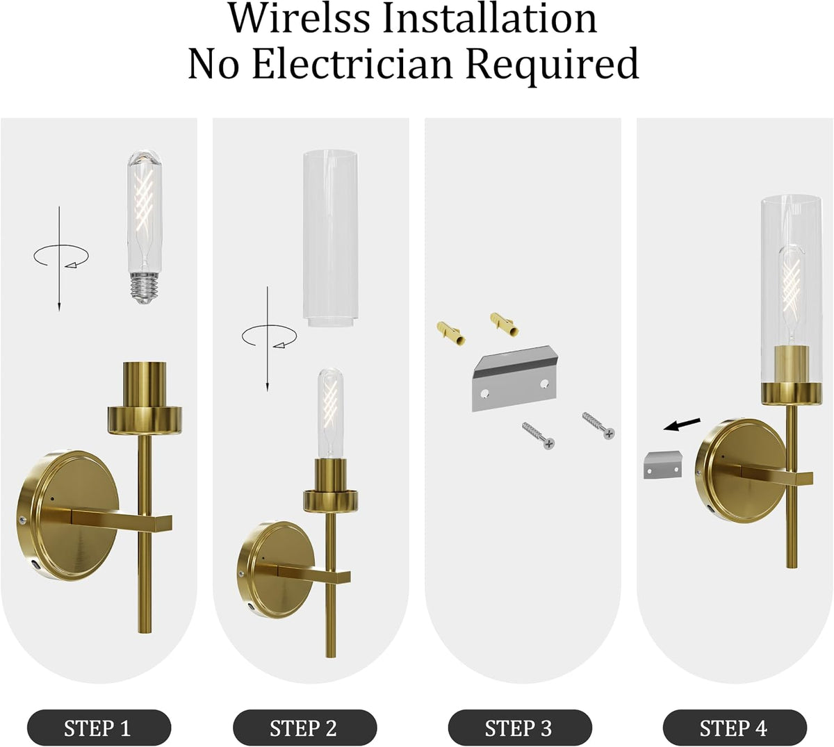 Gold Battery Operated Wall Sconce Set of 2, Wireless Wall Sconces with Remote Control, Rechargeable 3000K Dimmable Wall