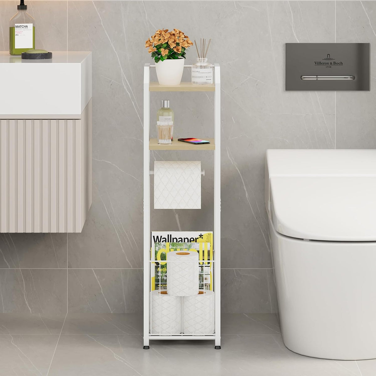 HapiRm Freestanding Toilet Paper Holder - 4-Tier Bathroom Tissue Organizer with Wood Shelves and Large Basket, Toilet