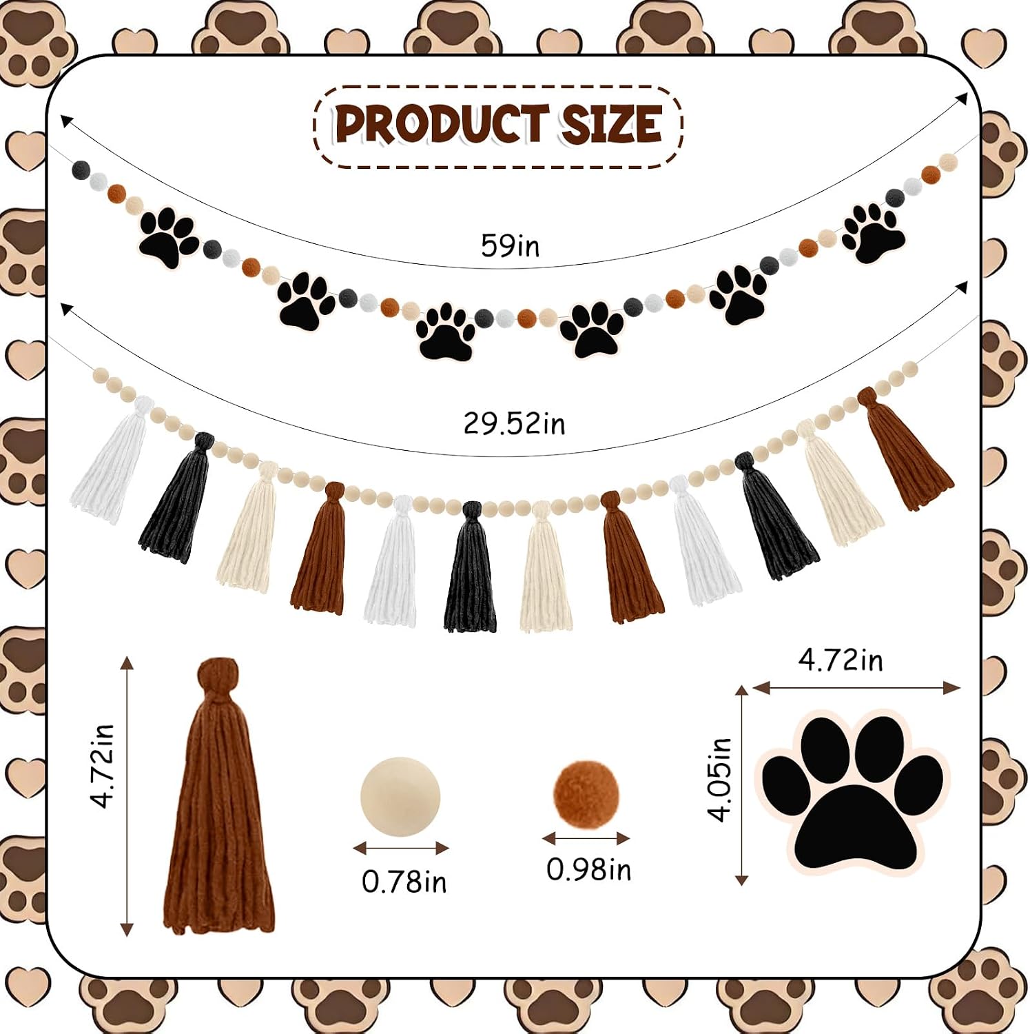 Wood Beads and Pom Pom Felt Balls Garlands / Black and Brown / Set of 2