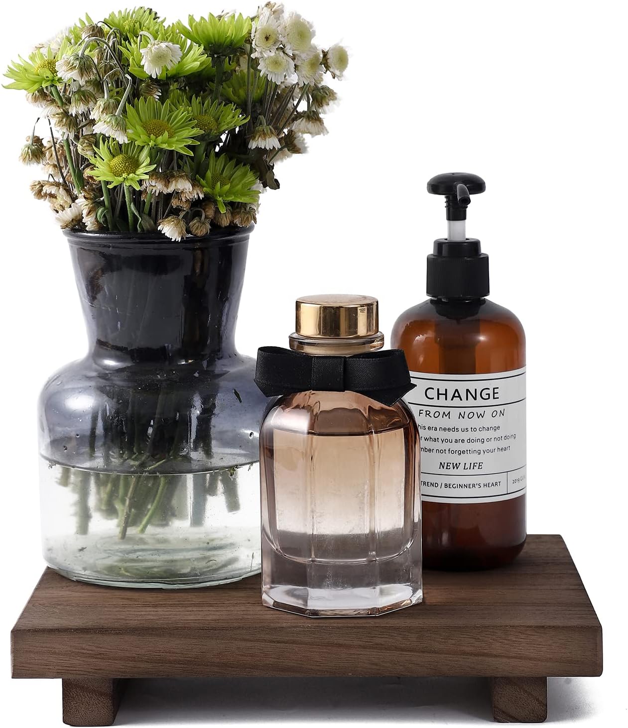 Small Wood Tray Pedestal Stand Farmhouse Bathroom Decor Decorative Wooden / Walnut / 9 x 5.9 x 1.6
