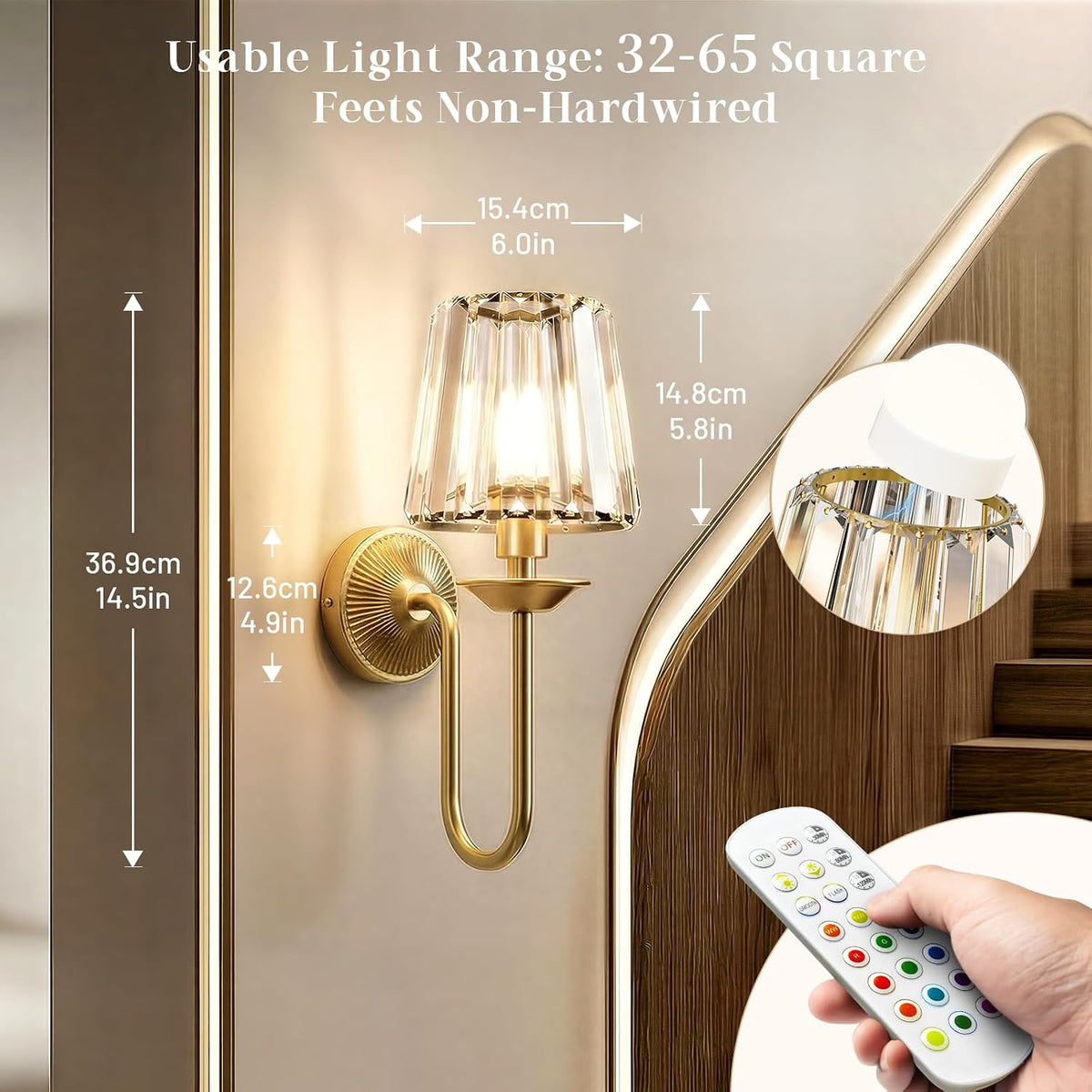 Brass Battery Operated Wall Sconces Set of Two, Crystal Wireless Rechargeable Wall Lights with Remote, Dimmable 3 CCT