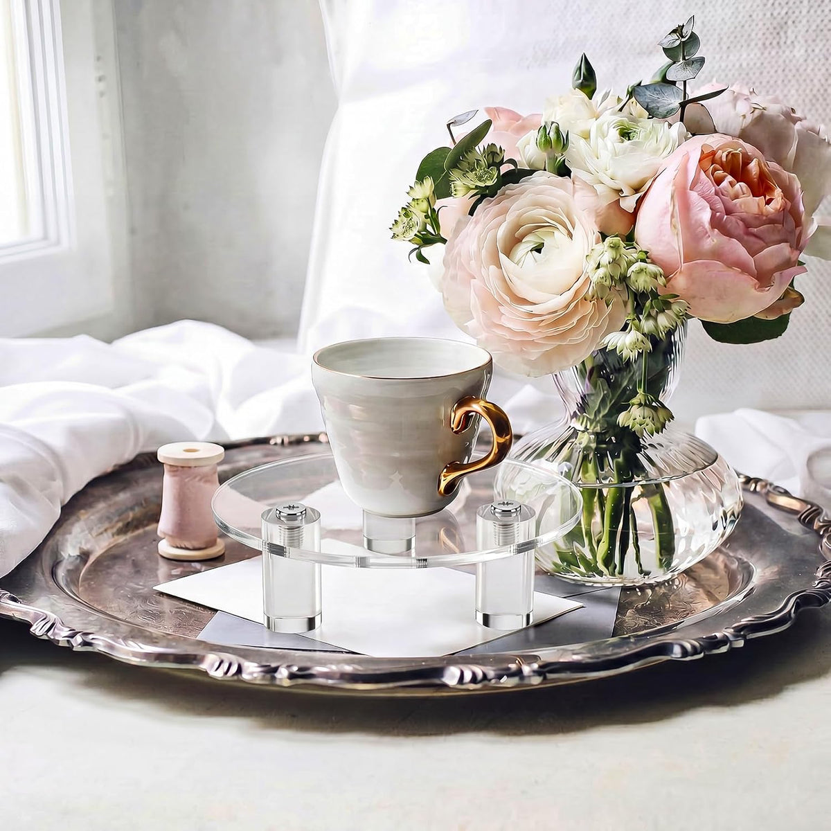Lineshading 3 Pcs Round Acrylic Display Riser Clear Round Stands Clear Pedestal Riser Board for Cake Plant Dessert