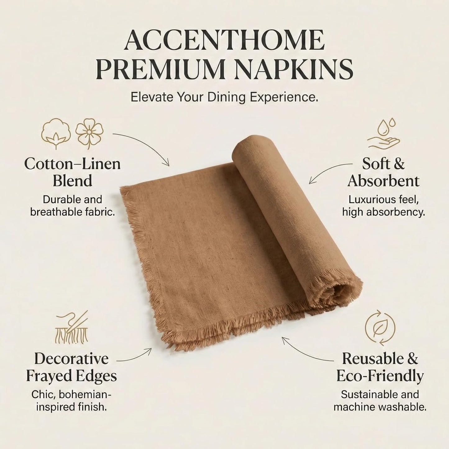 ACCENTHOME Brown Cotton Linen Napkin Set of 12 18x18 inch Dinner Napkins - Washable Soft Premium Hotel Quality Reusable