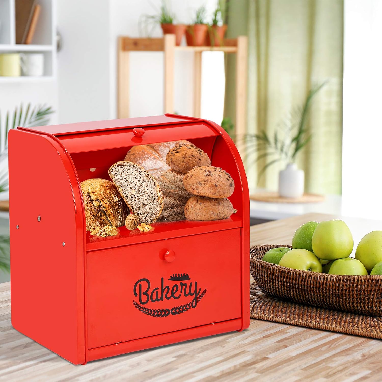 Widousy 2 Layer Metal Bread Boxes, Bread Box Storage Bin Kitchen Container with Roll Top Lid Iron Countertop Containers