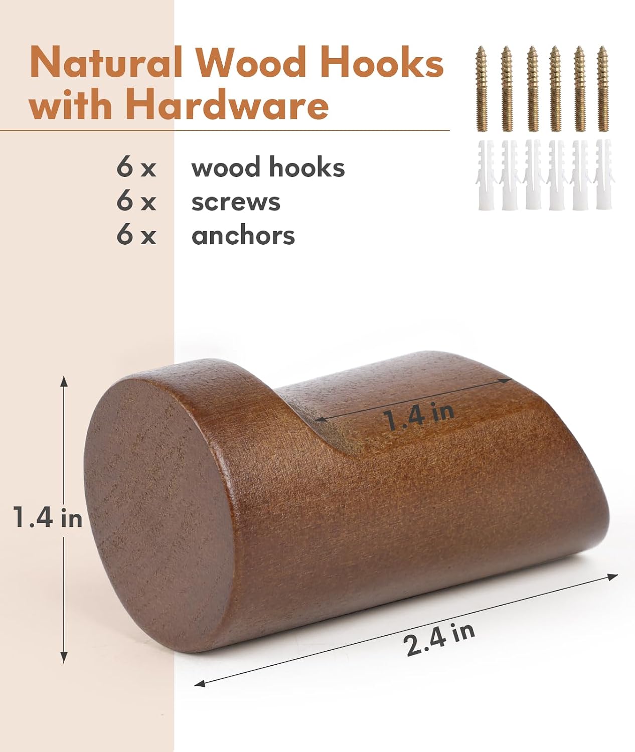 Wood Wall Hooks for Hanging / Walnut / Set of 6
