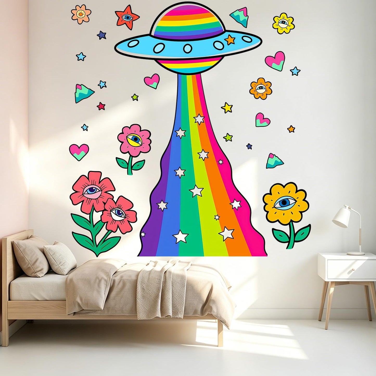 Trippy UFO Rainbow Eye Flower Peel and Stick Vinyl Wall Decals Decor Art