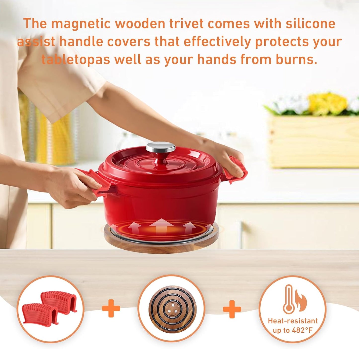 2 Pcs Magnetic Wooden Trivets, Acacia Wood with Black Silicone Rings, Magnetic Pot Holder for Le Creuset Enameled Cast