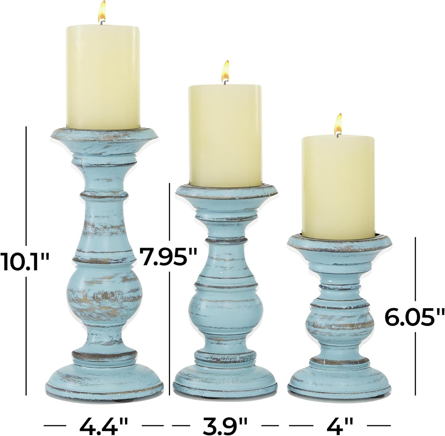 Deco 79 Mango Wood Decorative Candle Holder Distressed Turned Pillar Candle Stand, Set of 3 Candlestick Holder 6", 8"