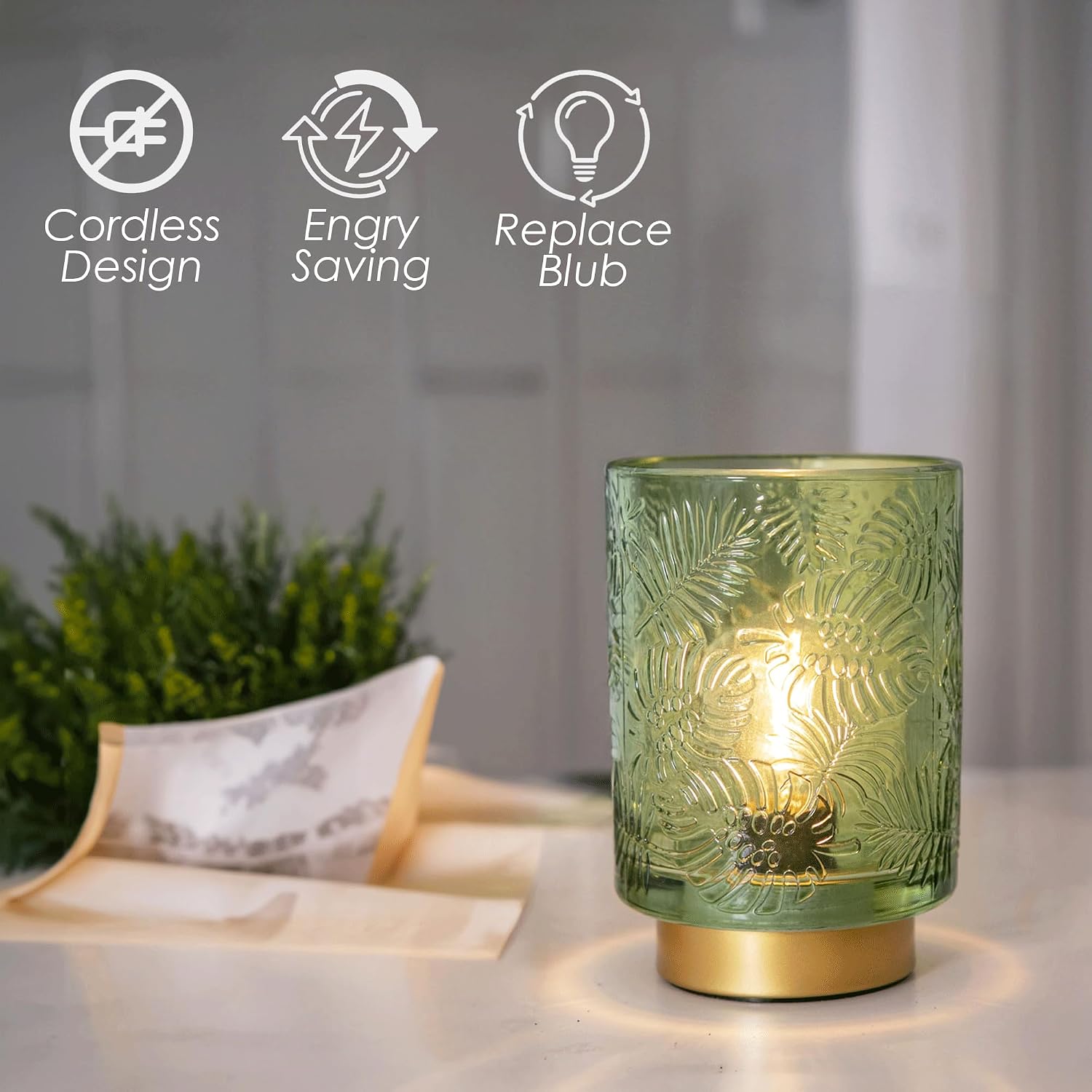 Small Battery Operated Lamp-Portable Cordless Table Lamps / Greenish