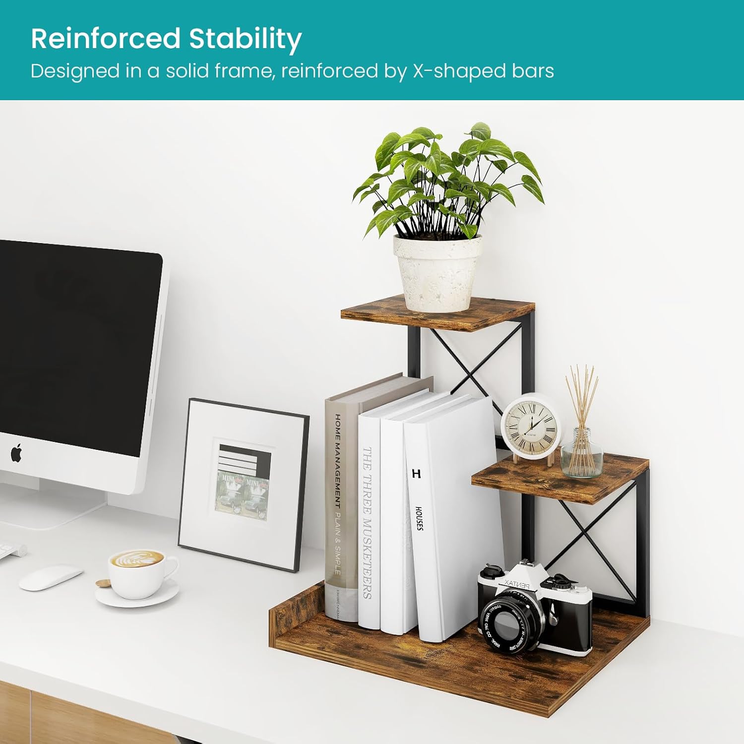 Wood Desktop Organizer Small Bookshelf / Rustic Brown Black