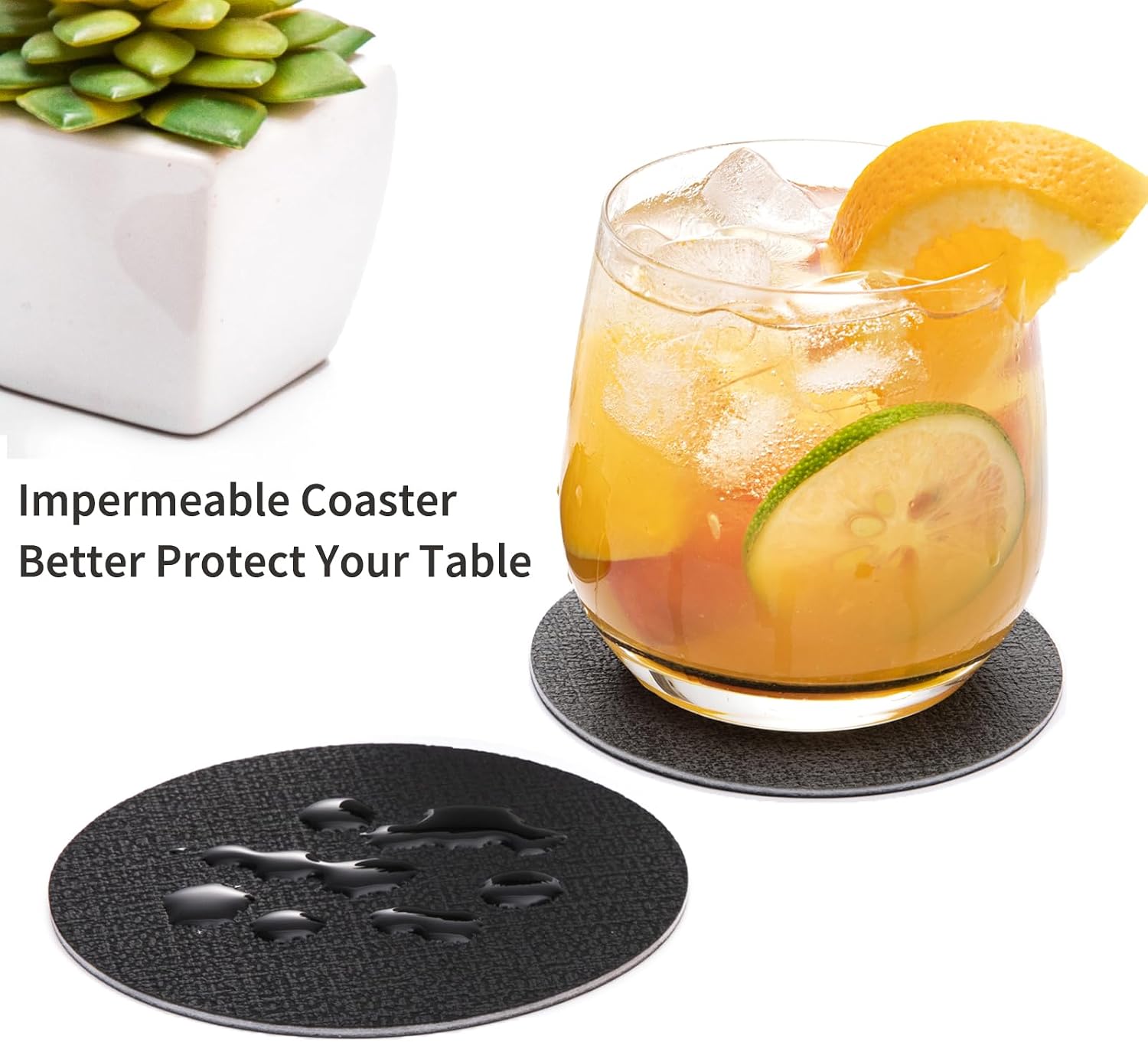 Holder / Dual Sided Non-Slip Washable Faux Leather Cup Coasters / Gray Black / Set of 12