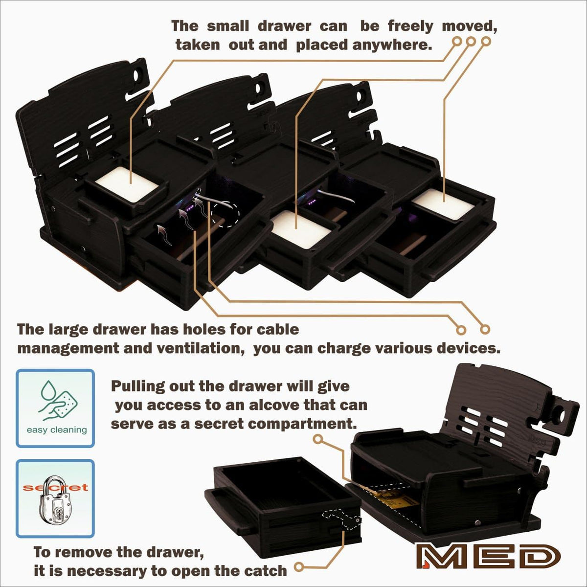 MED Premium Wood Phone Docking Station for Men with Drawer - Nightstand & Desk Organizer - Gift for Husband & Dad