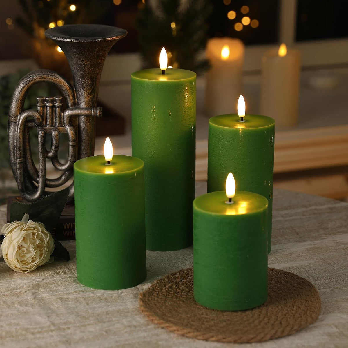 LUSHARBOR Green Flameless Candles, 4 Pack Battery Operated Candles for St. Patrick’s Day, Real Wax LED Fake Candles for